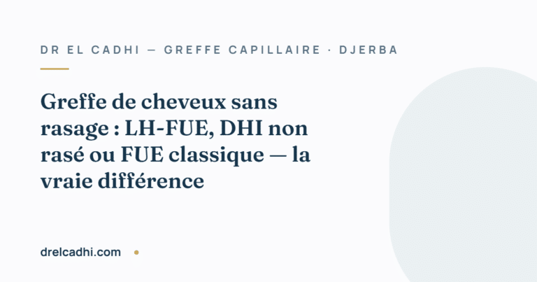 Illustration titrée de l’article « Greffe de cheveux sans rasage : LH-FUE, DHI non rasé ou FUE classique — la vraie différence » — drelcadhi.com